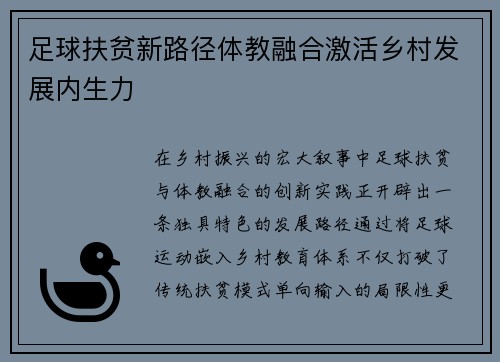 足球扶贫新路径体教融合激活乡村发展内生力