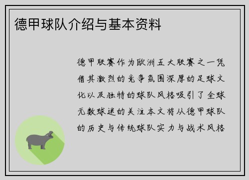 德甲球队介绍与基本资料