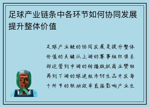 足球产业链条中各环节如何协同发展提升整体价值